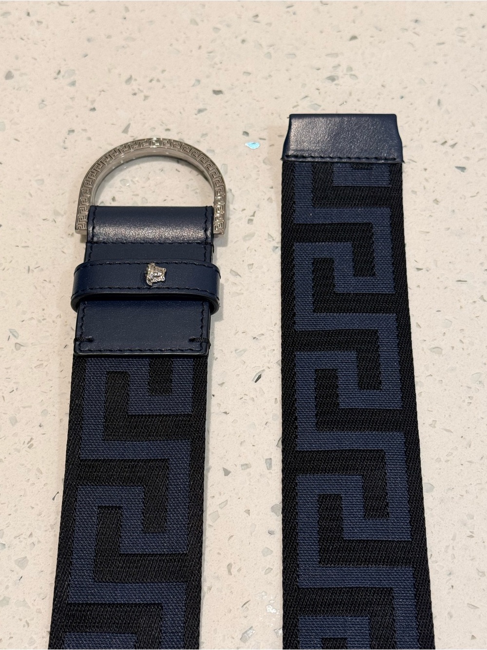 Authentic Versace Dark Blue 'La Greca' Jacquard D-Ring Belt View 2